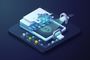 Ilustración isométrica de SynthID Detector analizando capas de contenido digital con logotipos de OpenAI, NVIDIA y Kakao.