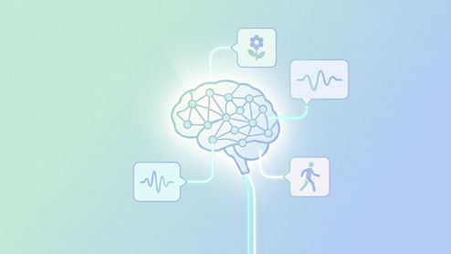 Ilustración conceptual de un cerebro humano conectado a iconos de flores, ondas de sonido y posturas corporales sobre fondo degradado.