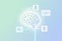 Ilustración conceptual de un cerebro humano conectado a iconos de flores, ondas de sonido y posturas corporales sobre fondo degradado.