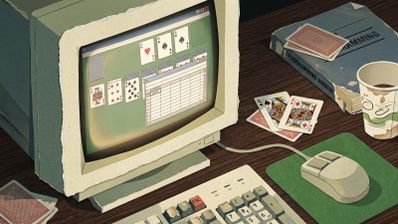 Ilustración de un monitor antiguo mostrando el juego del Solitario de Windows con una hoja de cálculo superpuesta.