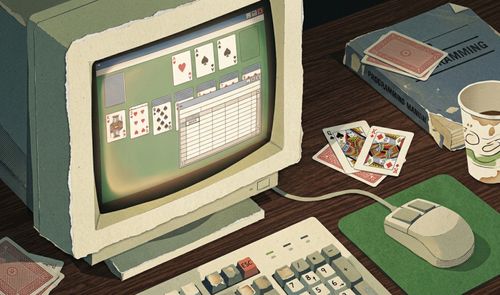 Ilustración de un monitor antiguo mostrando el juego del Solitario de Windows con una hoja de cálculo superpuesta.