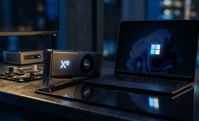 Tarjeta gráfica Intel Xe junto a un ordenador portátil que muestra el logotipo de Windows 11 en pantalla.