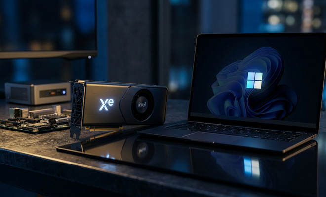 Tarjeta gráfica Intel Xe junto a un ordenador portátil que muestra el logotipo de Windows 11 en pantalla.