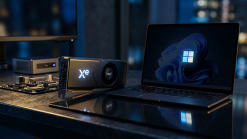 Tarjeta gráfica Intel Xe junto a un ordenador portátil que muestra el logotipo de Windows 11 en pantalla.