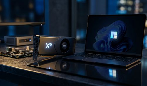 Tarjeta gráfica Intel Xe junto a un ordenador portátil que muestra el logotipo de Windows 11 en pantalla.