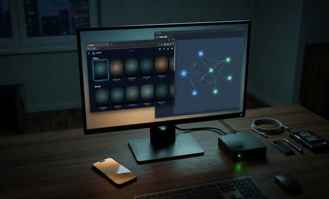 Monitor de escritorio que muestra la interfaz de Jellyfin y un esquema de red de Tailscale junto a un mini PC y un smartphone.