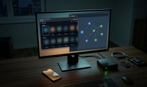 Monitor de escritorio que muestra la interfaz de Jellyfin y un esquema de red de Tailscale junto a un mini PC y un smartphone.