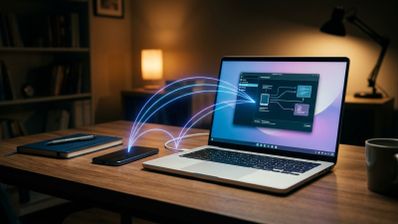 Ilustración de la conexión inalámbrica entre un teléfono móvil y un ordenador portátil que muestra una interfaz de sincronización de datos en pantalla.