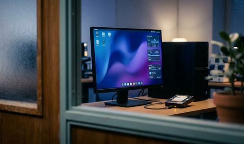 Monitor de ordenador mostrando el escritorio de KDE Plasma 6.8 con widgets de sistema y un disco duro externo conectado sobre una mesa de madera.