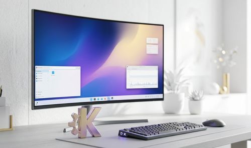 Monitor curvo que muestra el escritorio de KDE Plasma con ventanas abiertas junto al logotipo de KDE en una mesa de trabajo.