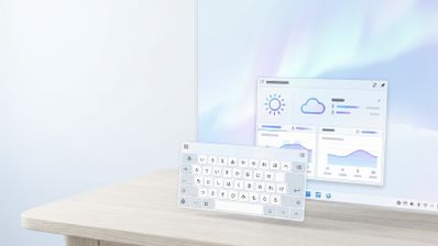 Interfaz de escritorio KDE Plasma que muestra un widget meteorológico con gráficos y un teclado virtual con caracteres japoneses.