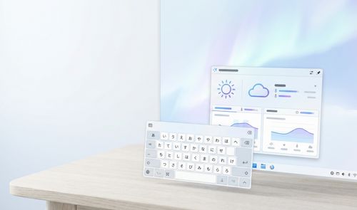 Interfaz de escritorio KDE Plasma que muestra un widget meteorológico con gráficos y un teclado virtual con caracteres japoneses.