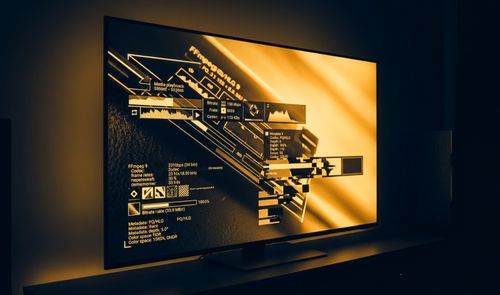 Televisor en un entorno oscuro mostrando una interfaz técnica con datos de reproducción de vídeo y metadatos HDR sobre un fondo naranja.