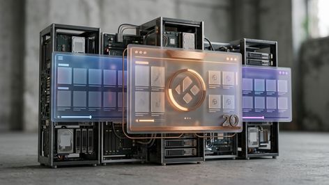 Composición conceptual de servidores y el logotipo de Kodi en una interfaz traslúcida sobre fondo industrial.