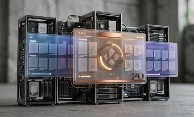 Composición conceptual de servidores y el logotipo de Kodi en una interfaz traslúcida sobre fondo industrial.