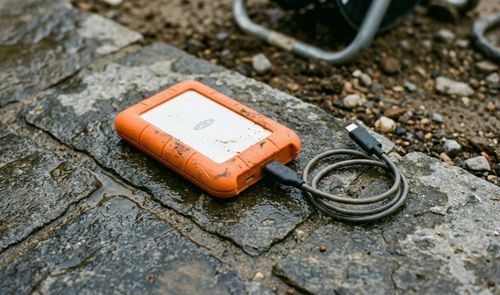 Disco duro externo LaCie Rugged Mini con funda protectora naranja sobre suelo de piedra mojado.