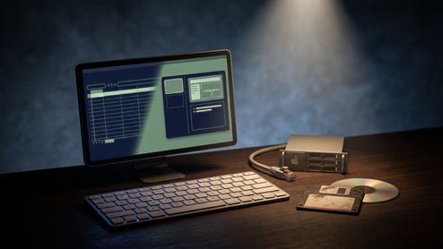 Monitor que muestra una hoja de cálculo y una ventana de software junto a un teclado, un disquete y un disco compacto sobre un escritorio oscuro.