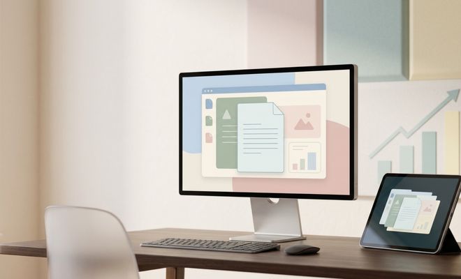 Ilustración de una interfaz de software de oficina con iconos de documentos y gráficos en la pantalla de un monitor y una tableta sobre un escritorio.