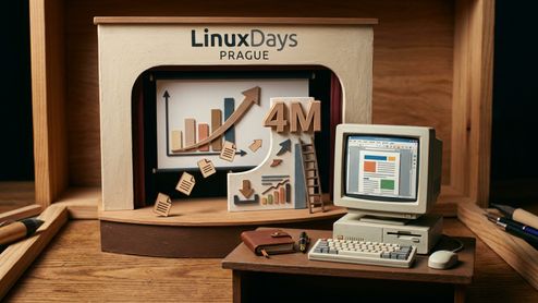Maqueta de madera que representa un escenario con el logo de LinuxDays Prague, un gráfico de crecimiento, la cifra 4M y un ordenador antiguo mostrando una interfaz de procesamiento de textos.