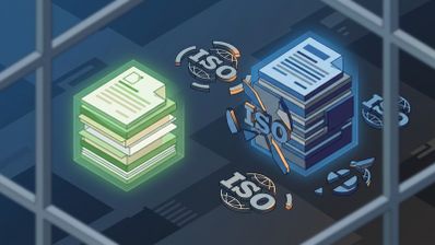 Ilustración isométrica que muestra un bloque de documentos verdes frente a un bloque azul rodeado de logotipos de ISO fragmentados.