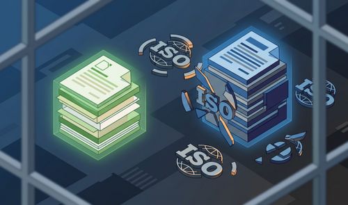 Ilustración isométrica que muestra un bloque de documentos verdes frente a un bloque azul rodeado de logotipos de ISO fragmentados.