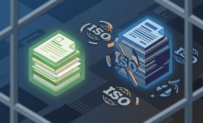 Ilustración isométrica que muestra un bloque de documentos verdes frente a un bloque azul rodeado de logotipos de ISO fragmentados.