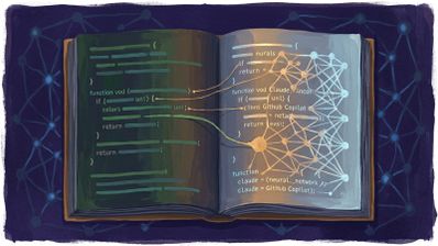 Ilustración de un libro abierto donde las líneas de código de una página se conectan con una red neuronal y referencias a Claude y GitHub Copilot en la otra.