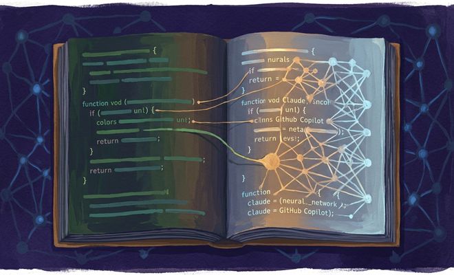 Ilustración de un libro abierto donde las líneas de código de una página se conectan con una red neuronal y referencias a Claude y GitHub Copilot en la otra.