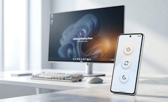 Smartphone Android en primer plano mostrando iconos de energía frente a un ordenador monitorizando un proceso de apagado con Windows.
