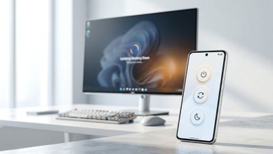 Smartphone Android en primer plano mostrando iconos de energía frente a un ordenador monitorizando un proceso de apagado con Windows.