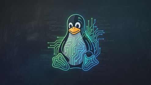 Ilustración del pingüino Tux, mascota de Linux, con líneas de circuitos integrados brillantes sobre su cuerpo y código de programación de fondo.