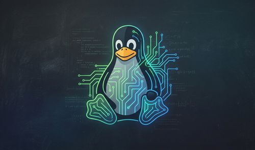Ilustración del pingüino Tux, mascota de Linux, con líneas de circuitos integrados brillantes sobre su cuerpo y código de programación de fondo.
