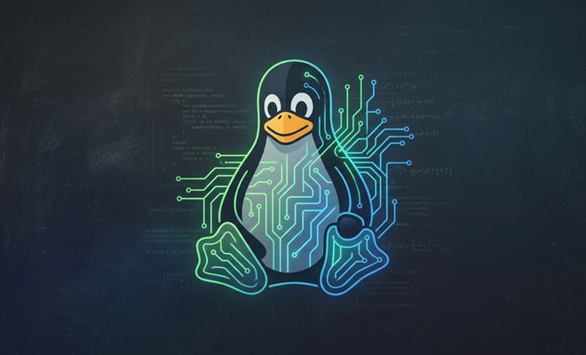 Ilustración del pingüino Tux, mascota de Linux, con líneas de circuitos integrados brillantes sobre su cuerpo y código de programación de fondo.