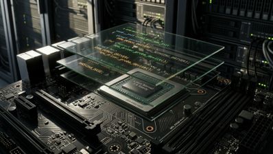Primer plano de un procesador sobre una placa base con capas de cristal flotantes que muestran código de programación relacionado con Linux Kernel 7.5 y drivers de NPU.