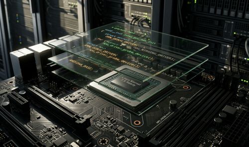 Primer plano de un procesador sobre una placa base con capas de cristal flotantes que muestran código de programación relacionado con Linux Kernel 7.5 y drivers de NPU.