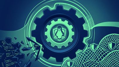 Ilustración conceptual de la seguridad en Linux con el pingüino Tux dentro de un escudo y un engranaje sobre un fondo de código y redes.