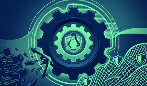 Ilustración conceptual de la seguridad en Linux con el pingüino Tux dentro de un escudo y un engranaje sobre un fondo de código y redes.