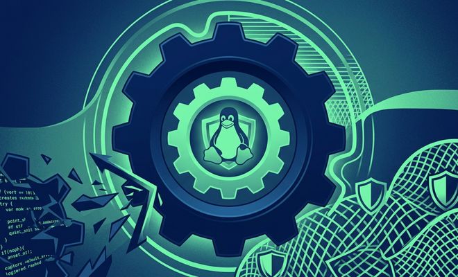Ilustración conceptual de la seguridad en Linux con el pingüino Tux dentro de un escudo y un engranaje sobre un fondo de código y redes.