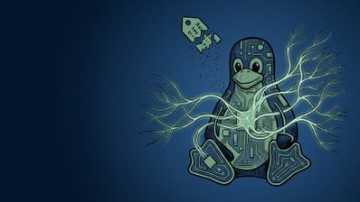 Ilustración del pingüino de Linux con circuitos internos y conexiones neuronales junto a una etiqueta rota.