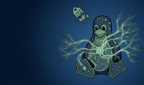 Ilustración del pingüino de Linux con circuitos internos y conexiones neuronales junto a una etiqueta rota.