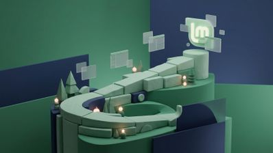 Ilustración tridimensional en tonos verdes y azules con el logotipo de Linux Mint iluminado al final de un camino sinuoso decorado con árboles y luces navideñas.