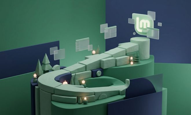 Ilustración tridimensional en tonos verdes y azules con el logotipo de Linux Mint iluminado al final de un camino sinuoso decorado con árboles y luces navideñas.