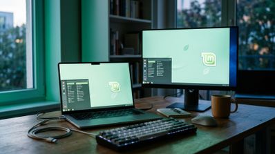 Entorno de escritorio de la distribución Linux Mint ejecutándose en un ordenador portátil y un monitor externo sobre una mesa de madera.