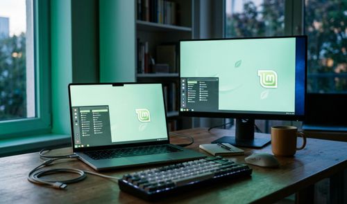 Entorno de escritorio de la distribución Linux Mint ejecutándose en un ordenador portátil y un monitor externo sobre una mesa de madera.