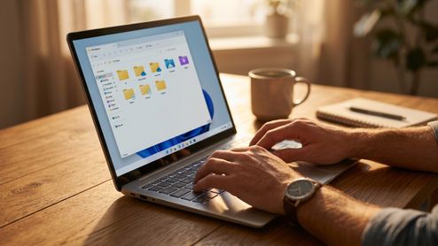 Manos de una persona utilizando un ordenador portátil con el explorador de archivos de Windows abierto mostrando carpetas sincronizadas en la nube.