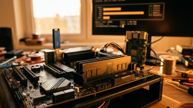 Placa base con módulos de memoria RAM instalados, una unidad USB conectada y una pantalla al fondo mostrando resultados de diagnóstico.