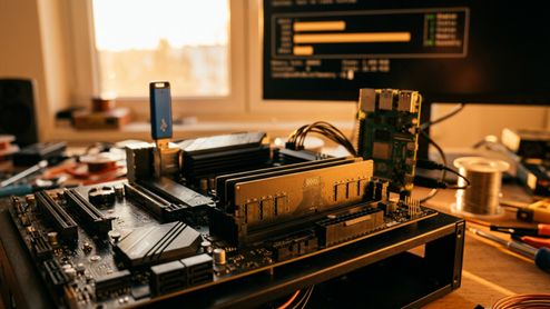 Placa base con módulos de memoria RAM instalados, una unidad USB conectada y una pantalla al fondo mostrando resultados de diagnóstico.