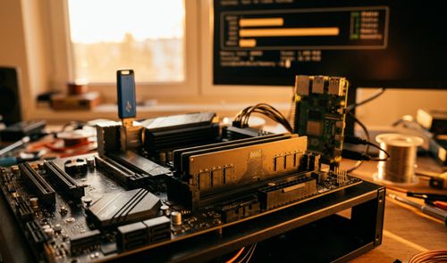 Placa base con módulos de memoria RAM instalados, una unidad USB conectada y una pantalla al fondo mostrando resultados de diagnóstico.