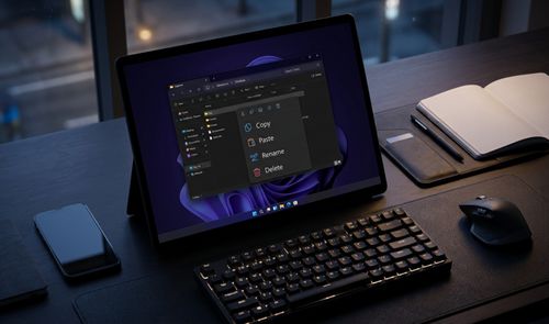 Menú contextual del Explorador de archivos de Windows 11 abierto en la pantalla de una tableta sobre un escritorio con teclado y ratón.