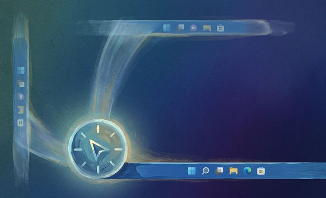 Ilustración artística que muestra la barra de tareas de Windows 11 en diferentes posiciones de la pantalla mediante trazos de pintura azules.